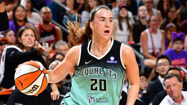 PHOENIX, AZ - SEPTEMBER 19: Sabrina Ionescu #20 of the New York Liberty handles the ball during the game against the Phoenix Mercury during Game Three Round One of the 2025 WNBA Playoffs on September 19, 2025 at PHX Arena in Phoenix, Arizona. Mandatory Copyright Notice: Copyright 2025 NBAE