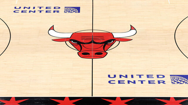 CHICAGO, ILLINOIS - FEBRUARY 04: A detailed view of Chicago Bulls court logo signage before the game against the Miami Heat at the United Center on February 04, 2025 in Chicago, Illinois.