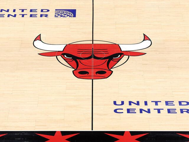 CHICAGO, ILLINOIS - FEBRUARY 04: A detailed view of Chicago Bulls court logo signage before the game against the Miami Heat at the United Center on February 04, 2025 in Chicago, Illinois.