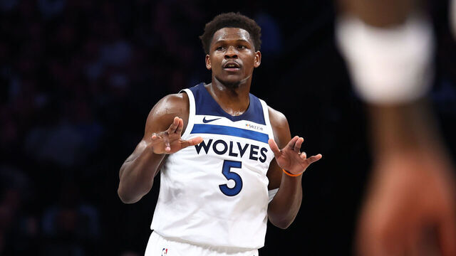 MINNEAPOLIS, MINNESOTA - JANUARY 08: Anthony Edwards #5 of the Minnesota Timberwolves reacts during the first half against the Cleveland Cavaliers at Target Center on January 08, 2026 in Minneapolis, Minnesota.