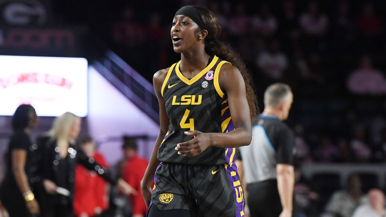ATHENS, GA - JANUARY 08: Guard Flau'jae Johnson #4 of the LSU Tigers reacts to action on the court during the college basketball game between the LSU Tigers and the Georgia Bulldogs on January 08, 2026, at Stegeman Coliseum in Athens, GA.