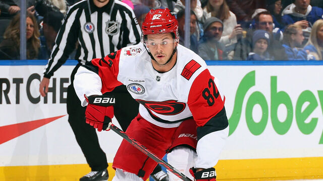 TORONTO, CANADA - NOVEMBER 09: Jesperi Kotkaniemi #82 of the Carolina Hurricanes skates against the Toronto Maple Leafs at Scotiabank Arena on November 09, 2025 in Toronto, Ontario, Canada.