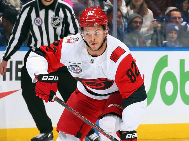 TORONTO, CANADA - NOVEMBER 09: Jesperi Kotkaniemi #82 of the Carolina Hurricanes skates against the Toronto Maple Leafs at Scotiabank Arena on November 09, 2025 in Toronto, Ontario, Canada.