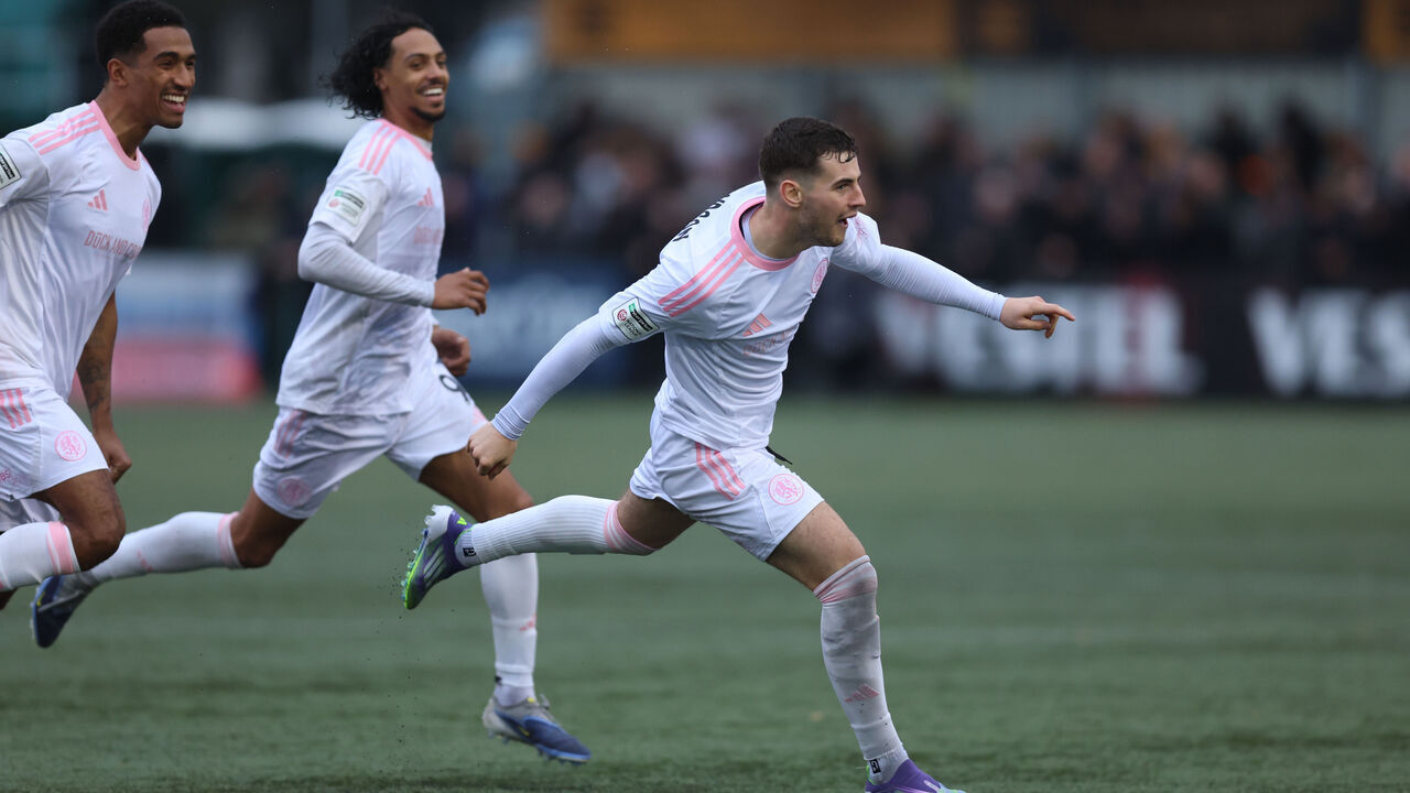 Macclesfield's James Edmondson celebrates scoring his team's second goal during the Emirates FA Cup second round match at Arbour Park, Slough. Picture date: Sunday December 7, 2025.