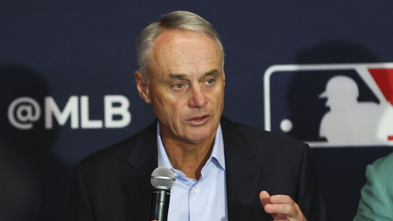 ORLANDO, FL - DECEMBER 08: Major League Baseball Commissioner Robert D. Manfred Jr. speaks during the MLB and the Dominican Baseball Federation announcement at the 2025 Winter Meetings at The Signia by Hilton Orlando Bonnet Creek on Monday, December 8, 2025 in Orlando, Florida.