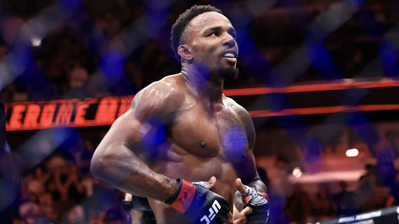 CHICAGO, ILLINOIS - AUGUST 16: Lerone Murphy of England reacts after his victory via knockout in the first round against Aaron Pico of the United States, not pictured, during their featherweight bout in UFC 319 at the United Center on August 16, 2025 in Chicago, Illinois.