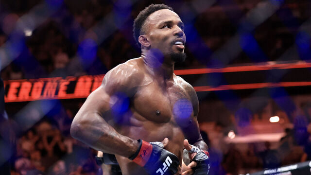 CHICAGO, ILLINOIS - AUGUST 16: Lerone Murphy of England reacts after his victory via knockout in the first round against Aaron Pico of the United States, not pictured, during their featherweight bout in UFC 319 at the United Center on August 16, 2025 in Chicago, Illinois.