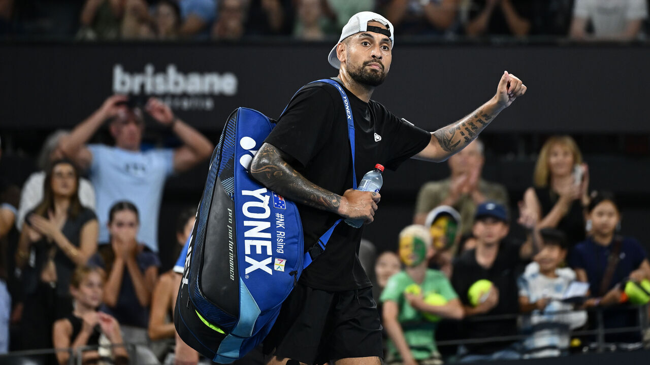 BRISBANE, AUSTRALIA - JANUARY 07: Nick Kyrgios of Australia leaves the court after his second round Men's Doubles match against Sadio Doumbia and Fabien Reboul of France during day four of the 2026 Brisbane International at Pat Rafter Arena on January 07, 2026 in Brisbane, Australia.