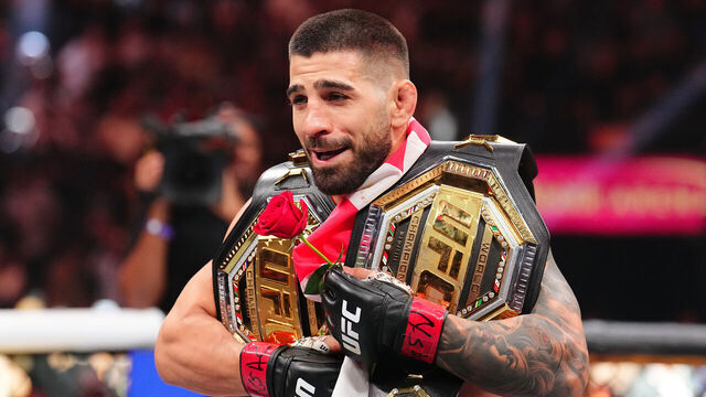 LAS VEGAS, NEVADA - JUNE 28: Ilia Topuria of Spain reacts to his win over Charles Oliveira of Brazil in the UFC lightweight championship bout during the UFC 317 event at T-Mobile Arena on June 28, 2025 in Las Vegas, Nevada.