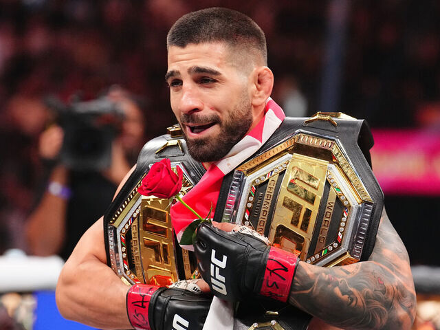 LAS VEGAS, NEVADA - JUNE 28: Ilia Topuria of Spain reacts to his win over Charles Oliveira of Brazil in the UFC lightweight championship bout during the UFC 317 event at T-Mobile Arena on June 28, 2025 in Las Vegas, Nevada.