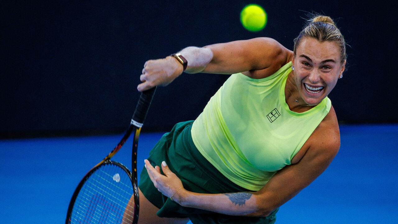 Belarus' Aryna Sabalenka serves against USA's Madison Keys during their women's singles match at the Brisbane International tennis tournament in Brisbane on January 9, 2026. / --IMAGE RESTRICTED TO EDITORIAL USE - STRICTLY NO COMMERCIAL USE--