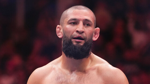 CHICAGO, ILLINOIS - AUGUST 16: Khamzat Chimaev of Russia reacts after round one against Dricus Du Plessis of South Africa in the UFC middleweight championship fight during the UFC 319 event at the United Center on August 16, 2025 in Chicago, Illinois.