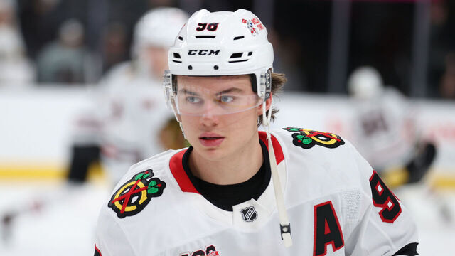 LAS VEGAS, NEVADA - DECEMBER 02: Connor Bedard #98 of the Chicago Blackhawks warms up prior to a game against the Vegas Golden Knights at T-Mobile Arena on December 02, 2025 in Las Vegas, Nevada.