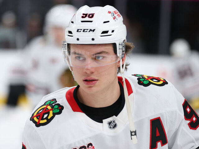 LAS VEGAS, NEVADA - DECEMBER 02: Connor Bedard #98 of the Chicago Blackhawks warms up prior to a game against the Vegas Golden Knights at T-Mobile Arena on December 02, 2025 in Las Vegas, Nevada.