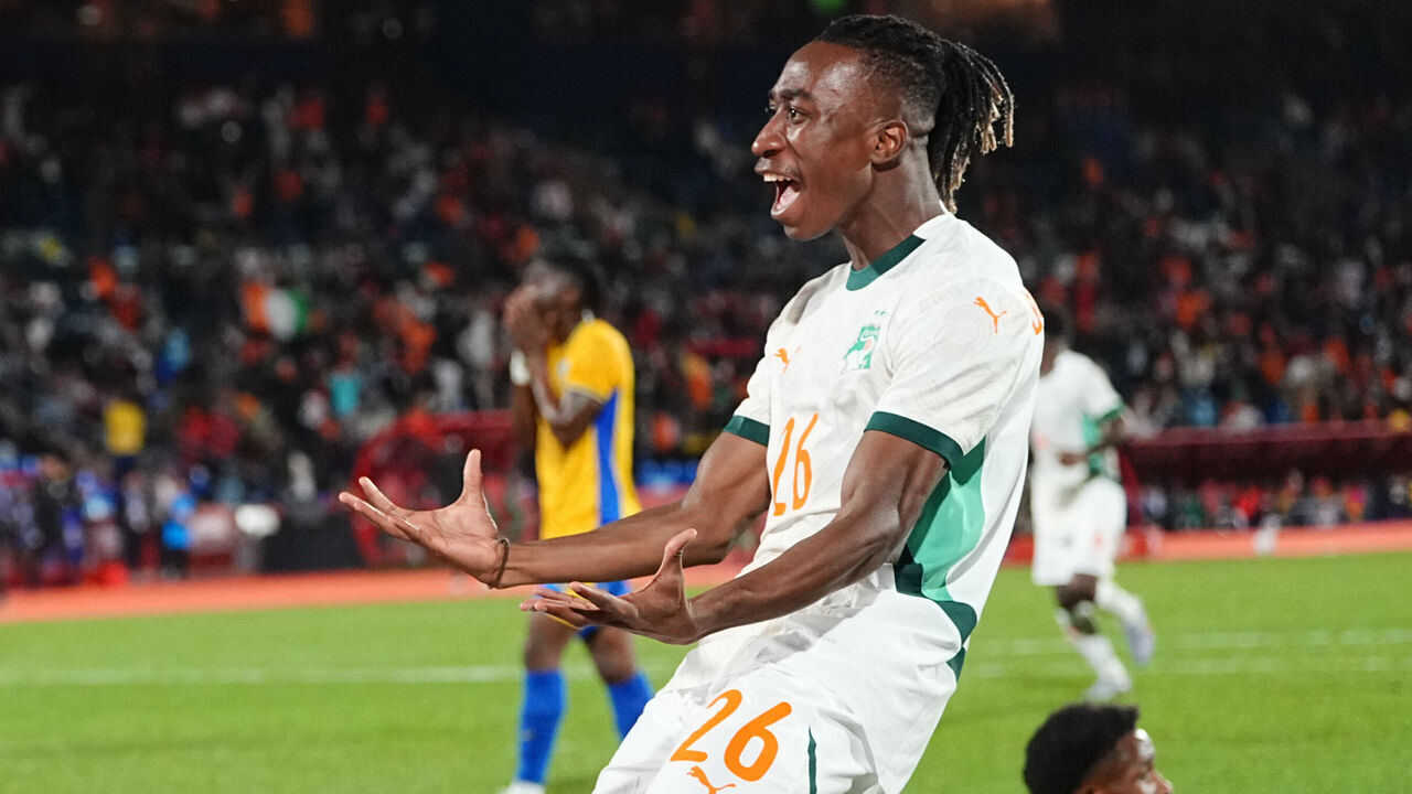 Yan Diomande of Ivory Coast celebrate during the AFCON Group F match between Gabon and Ivory Coast at Marrakech stadium, Marrakech, Morocco on December 31, 2025.