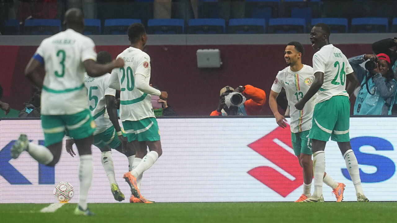 Iliman Cheikh Baroy Ndiaye of Senegal scores and celebrates his teams first goal during the quarter final match between Senegal and Mali at Tangier Stadium, Tangier, Morocco on January 9, 2026.