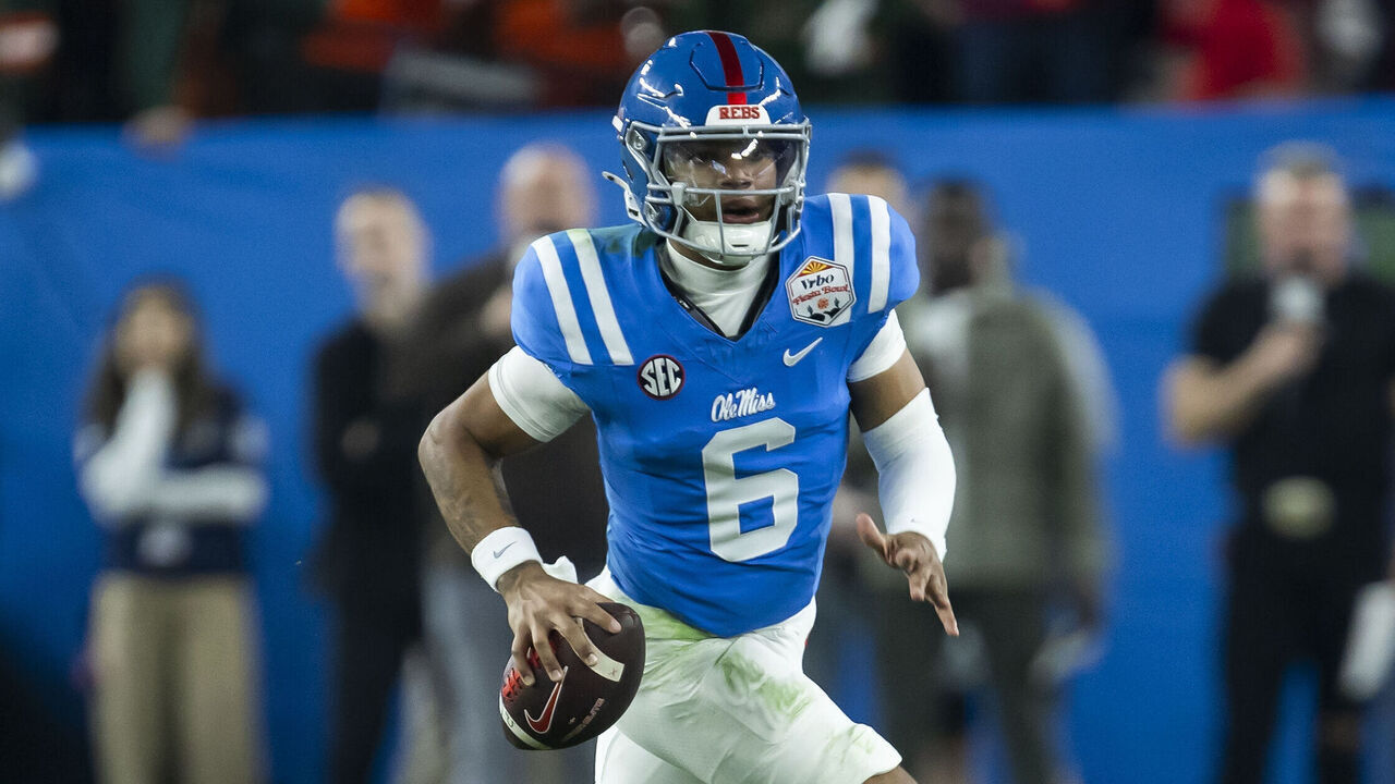 GLENDALE, AZ - JANUARY 08: QB Trinidad Chambliss #6 of the Ole Miss Rebels scrambles with the ball during the Miami Hurricanes versus Ole Miss Rebels College Football Playoff Semifinal at the Vrbo Fiesta Bowl on January 8, 2026, at State Farm Stadium in Glendale, AZ.