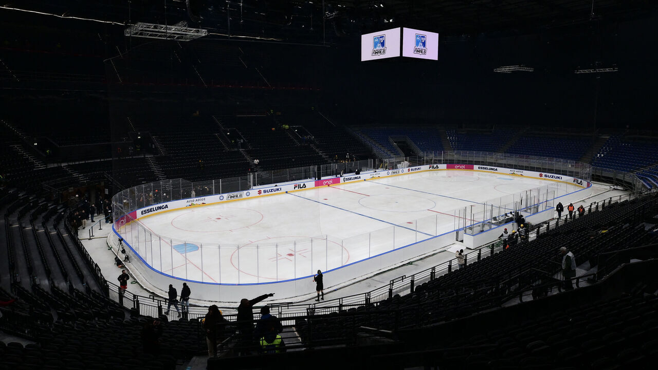 This photograph shows the rink of the Santagiulia Ice Hockey Arena prior the Milano Hockey Finals, as part of Milano Cortina 2026 Olympic Games test event, in Milan on Januray 9, 2026.