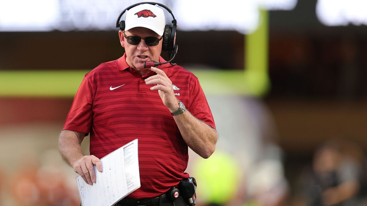 AUSTIN, TEXAS - NOVEMBER 22: Interim head coach Bobby Petrino of the Arkansas Razorbacks looks on during the second half against the Texas Longhorns at Darrell K Royal-Texas Memorial Stadium on November 22, 2025 in Austin, Texas.