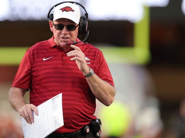 AUSTIN, TEXAS - NOVEMBER 22: Interim head coach Bobby Petrino of the Arkansas Razorbacks looks on during the second half against the Texas Longhorns at Darrell K Royal-Texas Memorial Stadium on November 22, 2025 in Austin, Texas.