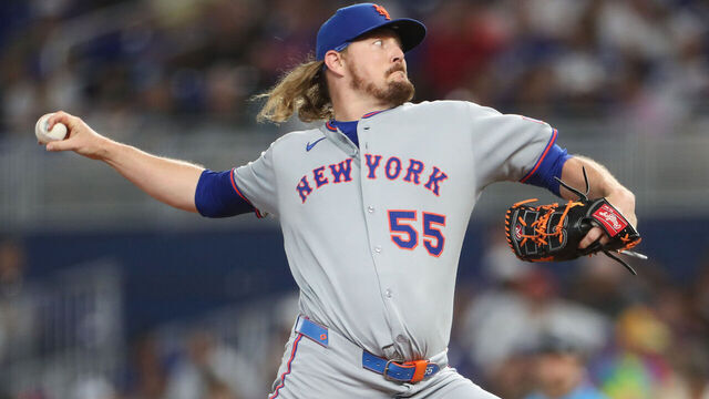 MIAMI, FLORIDA - SEPTEMBER 28: Ryne Stanek #55 of the New York Mets pitches against the Miami Marlins during the fourth inning at loanDepot park on September 28, 2025 in Miami, Florida.