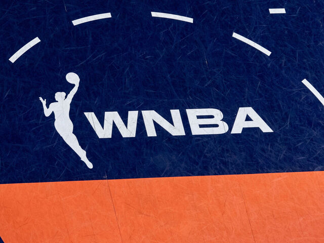 UNCASVILLE, CT - SEPTEMBER 01: A general view of the WNBA logo on the court before a WNBA game between the Atlanta Dream and the Connecticut Sun on September 1, 2025, at Mohegan Sun Arena in Uncasville, CT.