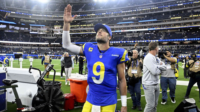 Inglewood, CA - January 04: Quarterback Matthew Stafford #9 of the Los Angeles Rams reacts after defeating the Arizona Cardinals 37-20 to win a NFL football game at SoFi Stadium in Inglewood on Sunday, January 4, 2026.