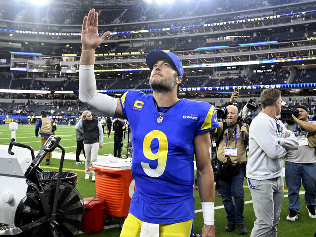 Inglewood, CA - January 04: Quarterback Matthew Stafford #9 of the Los Angeles Rams reacts after defeating the Arizona Cardinals 37-20 to win a NFL football game at SoFi Stadium in Inglewood on Sunday, January 4, 2026.