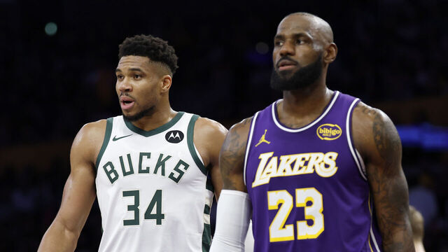 LOS ANGELES, CALIFORNIA - JANUARY 09: Giannis Antetokounmpo #34 of the Milwaukee Bucks follows LeBron James #23 of the Los Angeles Lakers to the court during a 105-101 Bucks win at Crypto.com Arena on January 09, 2026 in Los Angeles, California.