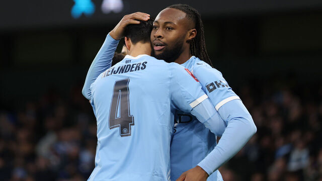MANCHESTER, ENGLAND - JANUARY 10: Antoine Semenyo of Manchester City (R) celebrates scoring his team's sixth goal with teammate Tijjani Reijnders (L) during the Emirates FA Cup Third Round match between Manchester City and Exeter City at Etihad Stadium on January 10, 2026 in Manchester, England.