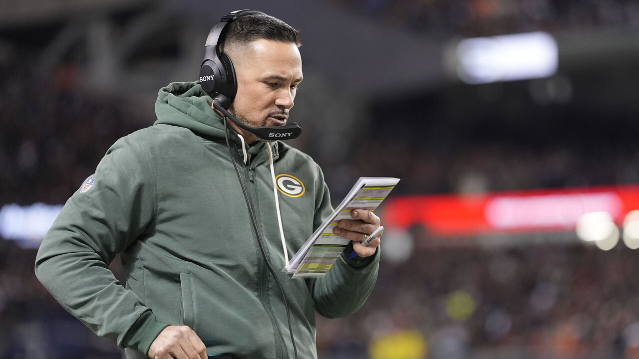 CHICAGO, ILLINOIS - DECEMBER 20: Head coach Matt Lafleur of the Green Bay Packers looks on during the first quarter against the Chicago Bear at Soldier Field on December 20, 2025 in Chicago, Illinois.