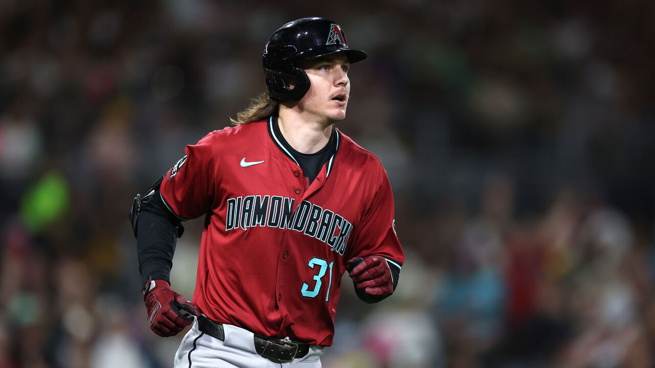 SAN DIEGO, CALIFORNIA - SEPTEMBER 26: Jake McCarthy #31 of the Arizona Diamondbacks watches his solo homerun during the third inning of a game against the San Diego Padres at Petco Park on September 26, 2025 in San Diego, California.
