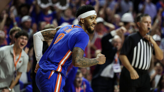 GAINESVILLE, FLORIDA - JANUARY 10: Boogie Fland #0 of the Florida Gators reacts after making a basket during the first half of a game against the Tennessee Volunteers at Stephen C. O'Connell Center on January 10, 2026 in Gainesville, Florida.