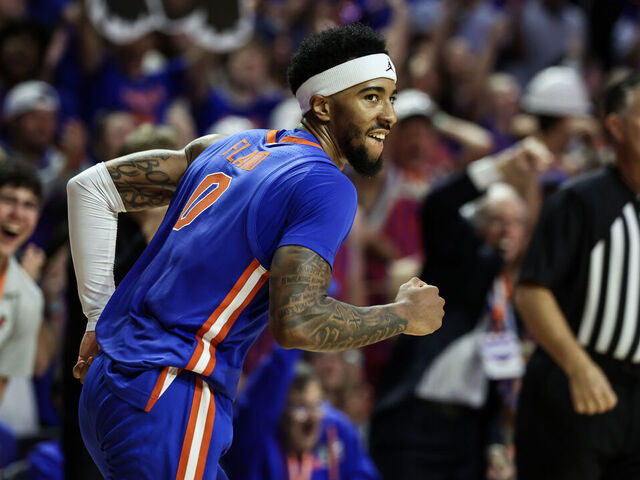 GAINESVILLE, FLORIDA - JANUARY 10: Boogie Fland #0 of the Florida Gators reacts after making a basket during the first half of a game against the Tennessee Volunteers at Stephen C. O'Connell Center on January 10, 2026 in Gainesville, Florida.