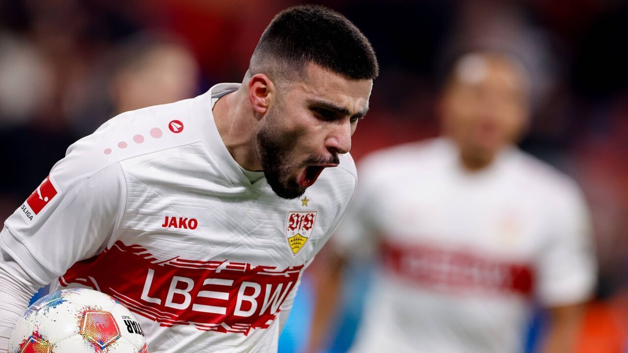 Leverkusen, Germany - January 10: Deniz Undav of VfB Stuttgart celebrates after scoring his teams fourth goal during the German 1. Bundesliga match between Bayer 04 Leverkusen and VfB Stuttgart at BayArena on January 10, 2026 in Leverkusen, Germany.