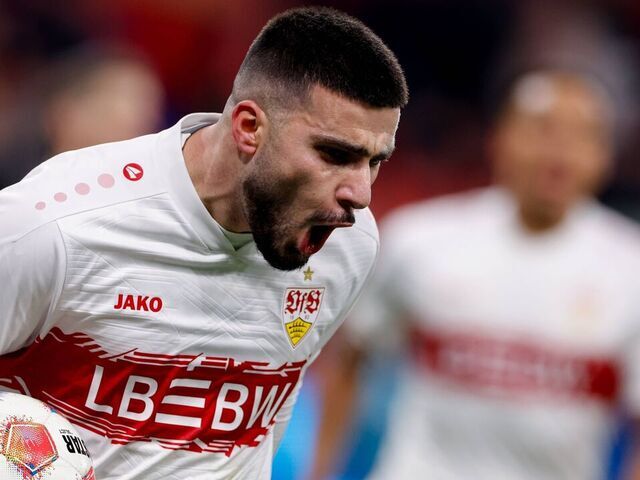 Leverkusen, Germany - January 10: Deniz Undav of VfB Stuttgart celebrates after scoring his teams fourth goal during the German 1. Bundesliga match between Bayer 04 Leverkusen and VfB Stuttgart at BayArena on January 10, 2026 in Leverkusen, Germany.