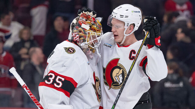 MONTREAL, QC - DECEMBER 02: Brady Tkachuk (7) of the Ottawa Senators congratulates teammate Linus Ullmark (35) after winning the NHL game between the Ottawa Senators and the Montreal Canadiens on Dec 02, 2025, at the Bell Centre in Montreal, QC