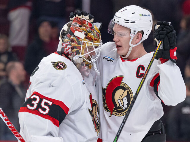 MONTREAL, QC - DECEMBER 02: Brady Tkachuk (7) of the Ottawa Senators congratulates teammate Linus Ullmark (35) after winning the NHL game between the Ottawa Senators and the Montreal Canadiens on Dec 02, 2025, at the Bell Centre in Montreal, QC