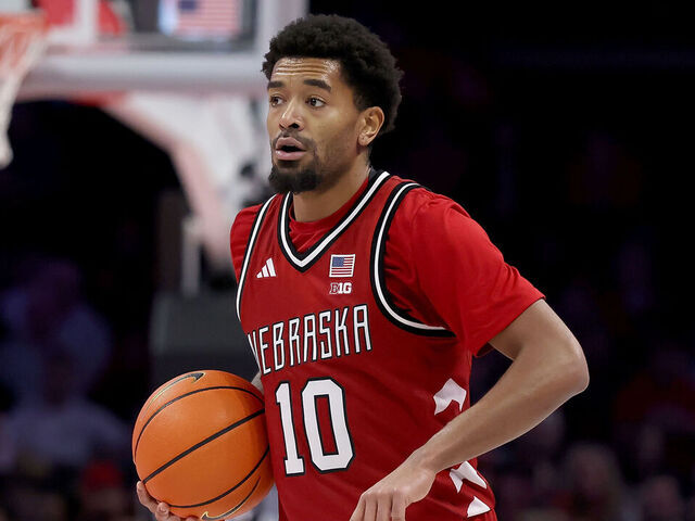 COLUMBUS, OHIO - JANUARY 5: Jamarques Lawrence #10 of the Nebraska Cornhuskers controls the ball during th game against the Ohio State Buckeyes at Value City Arena on January 5, 2026 in Columbus, Ohio. Nebraska defeated Ohio Sate 72-69.