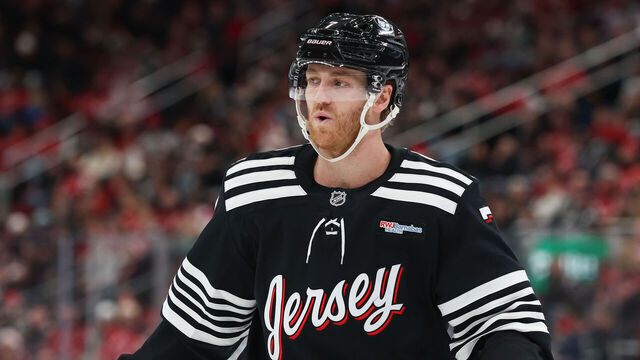 NEWARK, NJ - DECEMBER 21: Dougie Hamilton #7 of the New Jersey Devils looks on during a game between the Buffalo Sabres and New Jersey Devils at Prudential Center on December 21, 2025 in Newark, New Jersey.