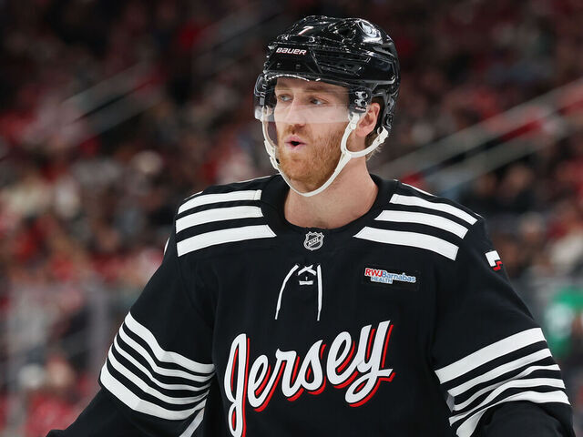 NEWARK, NJ - DECEMBER 21: Dougie Hamilton #7 of the New Jersey Devils looks on during a game between the Buffalo Sabres and New Jersey Devils at Prudential Center on December 21, 2025 in Newark, New Jersey.