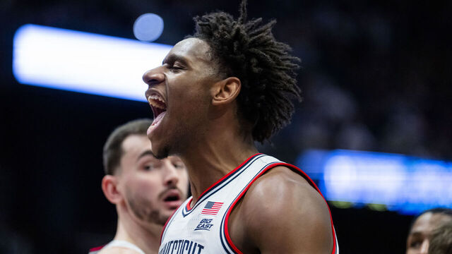 HARTFORD, CONNECTICUT - JANUARY 10: Tarris Reed Jr. #5 of the Connecticut Huskies reacts during the first half of an NCAA men's basketball game against the DePaul Blue Demons at PeoplesBank Arena on January 10, 2026 in Hartford, Connecticut.