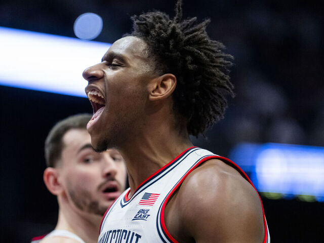 HARTFORD, CONNECTICUT - JANUARY 10: Tarris Reed Jr. #5 of the Connecticut Huskies reacts during the first half of an NCAA men's basketball game against the DePaul Blue Demons at PeoplesBank Arena on January 10, 2026 in Hartford, Connecticut.