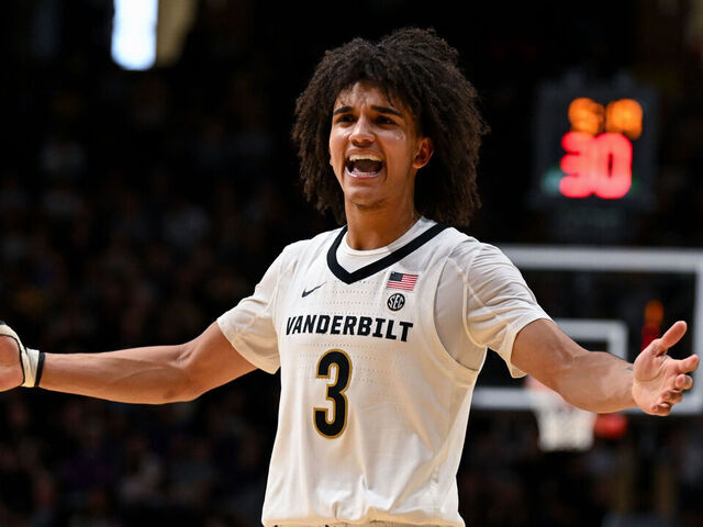 NASHVILLE, TENNESSEE - JANUARY 10: Tyler Tanner #3 of the Vanderbilt Commodores reacts to a foul in the second half against the LSU Tigers at Vanderbilt University Memorial Gymnasium on January 10, 2026 in Nashville, Tennessee.