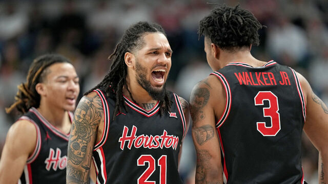 WACO, TEXAS - JANUARY 10: Emanuel Sharp #21 of the Houston Cougars reacts during the first half against the Baylor Bears at Foster Pavilion on January 10, 2026 in Waco, Texas.