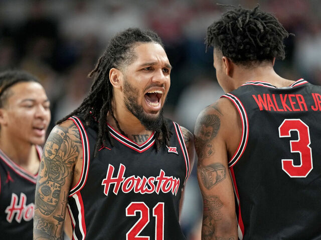WACO, TEXAS - JANUARY 10: Emanuel Sharp #21 of the Houston Cougars reacts during the first half against the Baylor Bears at Foster Pavilion on January 10, 2026 in Waco, Texas.