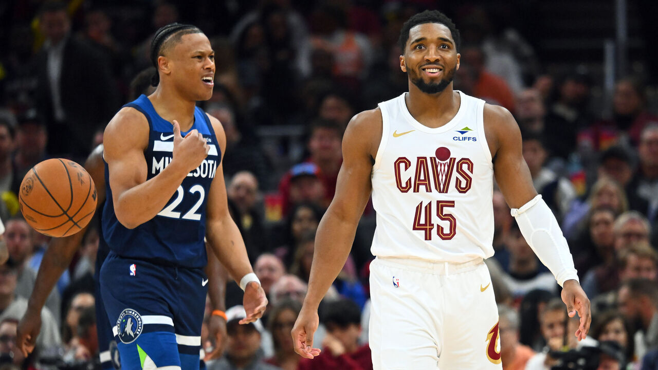 CLEVELAND, OHIO - JANUARY 10: Guard Donovan Mitchell #45 of the Cleveland Cavaliers smiles after scoring during the third quarter against the Minnesota Timberwolves at Rocket Arena on January 10, 2026 in Cleveland, Ohio. The Cavaliers defeated the Timberwolves 146-134.