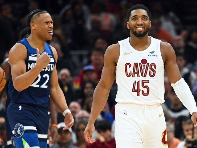 CLEVELAND, OHIO - JANUARY 10: Guard Donovan Mitchell #45 of the Cleveland Cavaliers smiles after scoring during the third quarter against the Minnesota Timberwolves at Rocket Arena on January 10, 2026 in Cleveland, Ohio. The Cavaliers defeated the Timberwolves 146-134.