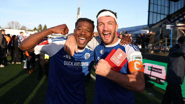 MACCLESFIELD, ENGLAND - JANUARY 10: Goal scorers Isaac Buckley-Ricketts and Paul Dawson of Macclesfield celebrate after the team's victory following the Emirates FA Cup Third Round match between Macclesfield and Crystal Palace at Moss Rose Ground on January 10, 2026 in Macclesfield, England.