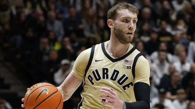 WEST LAFAYETTE, IN - JANUARY 10: Purdue Boilermakers guard Braden Smith (3) drives the ball up court in the first half of play during a college basketball game between the Penn State Nittany Lions and the Purdue Boilermakers on January 10, 2025 at Mackey Arena in West Lafayette, IN.